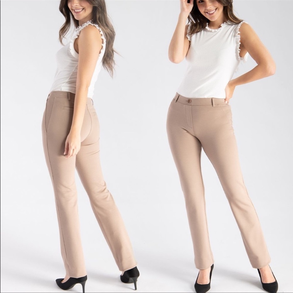 Betabrand Straight Leg Classic Dress Pant Yoga Pants in Khaki Twill Tan